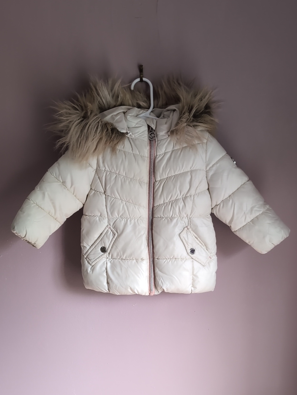 Kids Michael Kors Cream Puffer Jacket with Faux Fur Hood